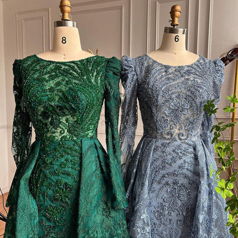 Vestido de noche musulmán de lujo verde sirena con sobrefalda árabe para mujer, fiesta de boda 2025 LA71610A 