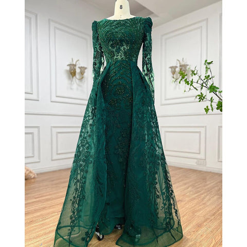 Vestido de noche musulmán de lujo verde sirena con sobrefalda árabe para mujer, fiesta de boda 2025 LA71610A 