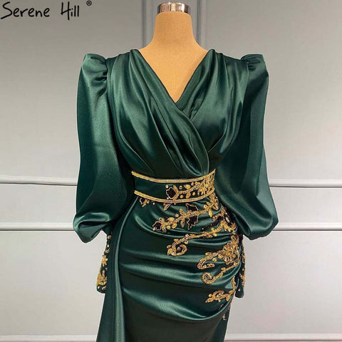 Robe de soirée musulmane de luxe en satin vert, style sirène, élégante, perlée, pour femmes, LA71365, 2025 
