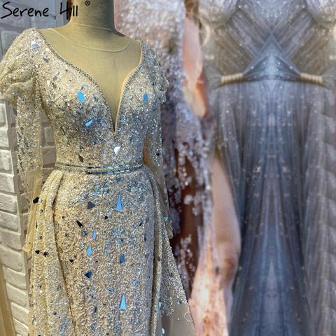 Robe de soirée musulmane de luxe couleur chair argentée, avec jupe perlée, style sirène, élégante, pour femme, LA71351, 2025 