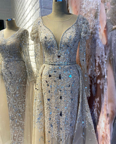 Robe de soirée musulmane de luxe couleur chair argentée, avec jupe perlée, style sirène, élégante, pour femme, LA71351, 2025 