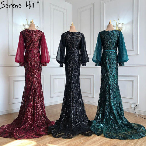 Vestidos de noche musulmanes de sirena dorados, brillantes, de lujo, elegantes, para mujer, para fiesta, LA70953 