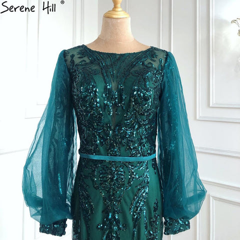 Vestidos de noche musulmanes de sirena dorados, brillantes, de lujo, elegantes, para mujer, para fiesta, LA70953 