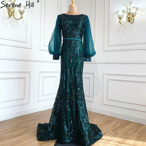 Vestidos de noche musulmanes de sirena dorados, brillantes, de lujo, elegantes, para mujer, para fiesta, LA70953 