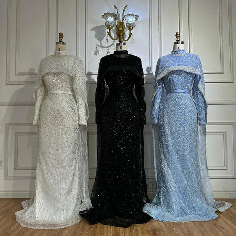 Muslim Mermaid Long Cape Evening Dresses Pearls Beaded Gowns For Formal Occasion 2025 LA72032MP