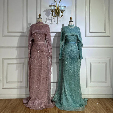Muslim Mermaid Long Cape Evening Dresses Pearls Beaded Gowns For Formal Occasion 2025 LA72032MP