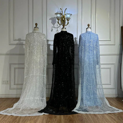 Muslim Mermaid Long Cape Evening Dresses Pearls Beaded Gowns For Formal Occasion 2025 LA72032MP