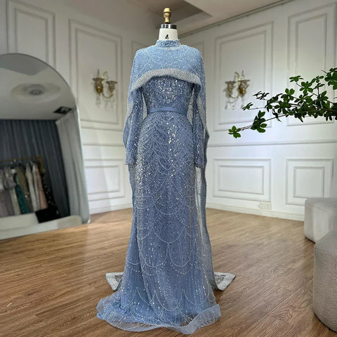 Muslim Mermaid Long Cape Evening Dresses Pearls Beaded Gowns For Formal Occasion 2025 LA72032MP