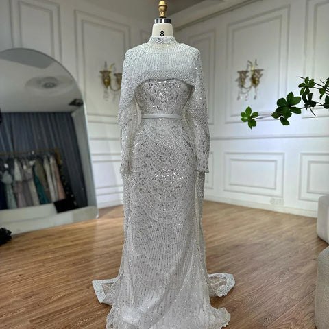 Muslim Mermaid Long Cape Evening Dresses Pearls Beaded Gowns For Formal Occasion 2025 LA72032MP