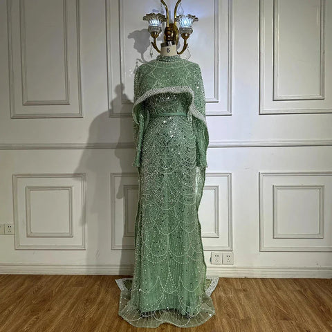Muslim Mermaid Long Cape Evening Dresses Pearls Beaded Gowns For Formal Occasion 2025 LA72032MP