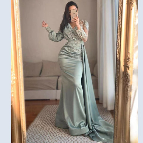 Muslim Mermaid Peach Satin  Elegant Beaded V Neck With Skirt   Evening Dresses Gowns 2025 For Women Party LA71344