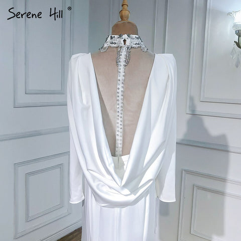 Muslim Mermaid Satin Evening Dresseses Gowns 2025 White Elegant Beaded For Women Party LA6430