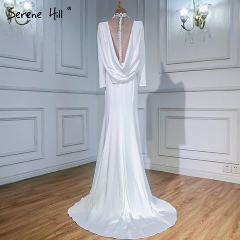 Muslim Mermaid Satin Evening Dresseses Gowns 2025 White Elegant Beaded For Women Party LA6430