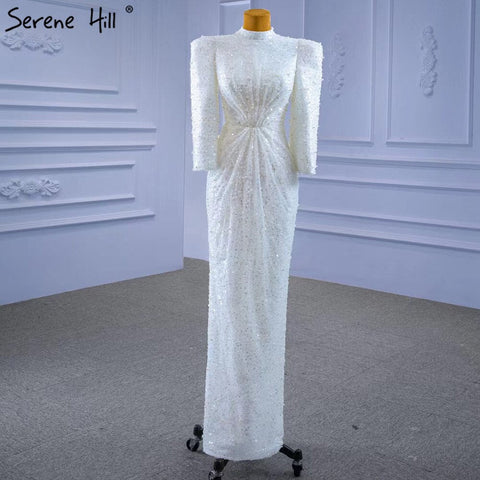 Muslim Mermaid White Evening Dresses Gowns 2025 Luxury Elegant Beaded For Women Party HM67335