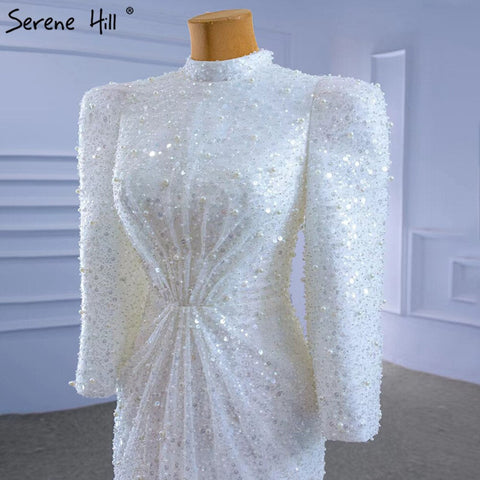 Muslim Mermaid White Evening Dresses Gowns 2025 Luxury Elegant Beaded For Women Party HM67335