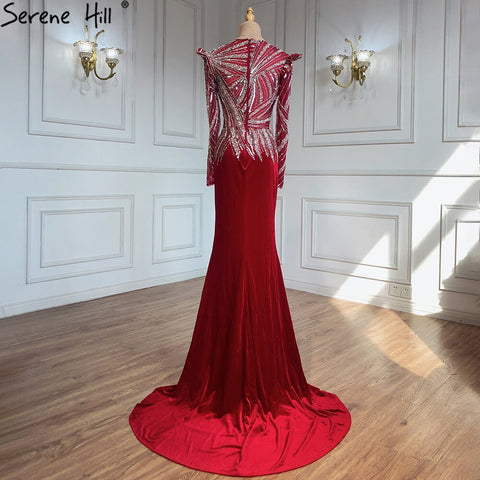 Vestidos de noche musulmanes de sirena color vino tinto, 2025, con cuentas, elegante satén para mujer, fiesta LA71449 