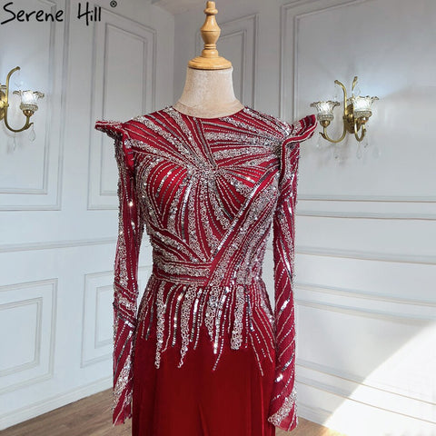 Vestidos de noche musulmanes de sirena color vino tinto, 2025, con cuentas, elegante satén para mujer, fiesta LA71449 