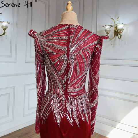 Vestidos de noche musulmanes de sirena color vino tinto, 2025, con cuentas, elegante satén para mujer, fiesta LA71449 