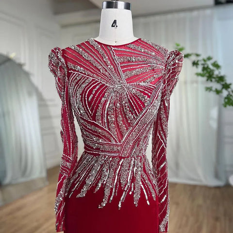 Vestidos de noche musulmanes de sirena color vino tinto, elegantes vestidos de terciopelo con cuentas 2025 para mujer, fiesta LA71449 