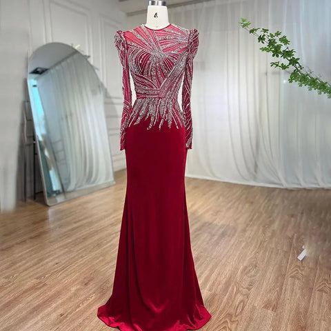 Vestidos de noche musulmanes de sirena color vino tinto, elegantes vestidos de terciopelo con cuentas 2025 para mujer, fiesta LA71449 