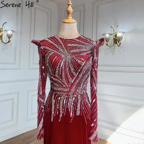 Vestidos de noche musulmanes de sirena color vino tinto, elegantes vestidos de terciopelo con cuentas 2025 para mujer, fiesta LA71449 