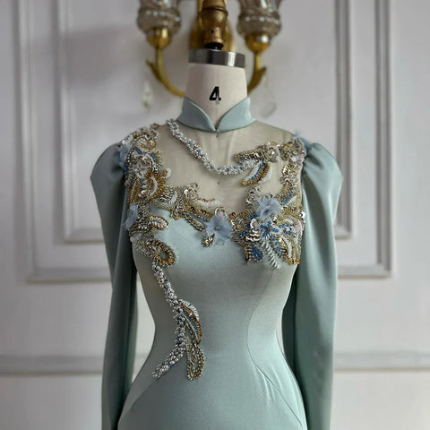 Robe de soirée sirène en satin perlé couleur menthe, style musulman, avec corset, pour une occasion formelle, LA72797C 2025