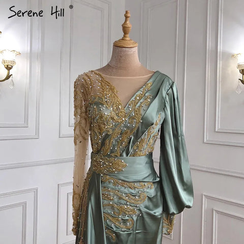 Elegante vestido de noche musulmán de sirena color menta con cuentas de satén y sobrefalda, talla grande 2025, para mujer, fiesta, LA71278 