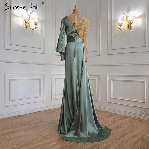 Elegante vestido de noche musulmán de sirena color menta con cuentas de satén y sobrefalda, talla grande 2025, para mujer, fiesta, LA71278 