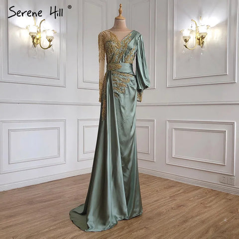 Elegante vestido de noche musulmán de sirena color menta con cuentas de satén y sobrefalda, talla grande 2025, para mujer, fiesta, LA71278 
