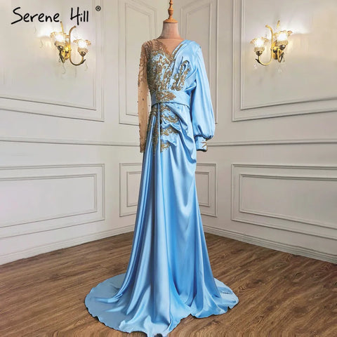 Elegante vestido de noche musulmán de sirena color menta con cuentas de satén y sobrefalda, talla grande 2025, para mujer, fiesta, LA71278 