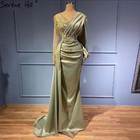 Elegante vestido de noche musulmán de sirena color menta con cuentas de satén y sobrefalda, talla grande 2025, para mujer, fiesta, LA71278 