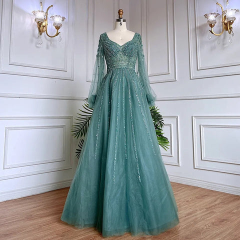 Vestidos de noche árabes de lujo con cuentas en azul marino musulmán, corte A, para mujer, para fiesta de boda, LA71867 