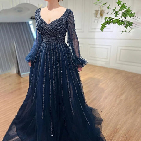 Vestidos de noche árabes de lujo con cuentas en azul marino musulmán, corte A, para mujer, para fiesta de boda, LA71867 