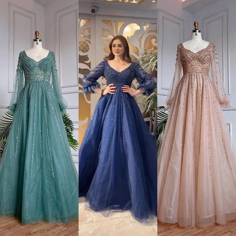 Vestidos de noche árabes de lujo con cuentas en azul marino musulmán, corte A, para mujer, para fiesta de boda, LA71867 
