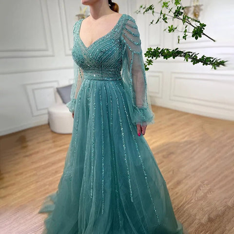 Vestidos de noche árabes de lujo con cuentas en azul marino musulmán, corte A, para mujer, para fiesta de boda, LA71867 
