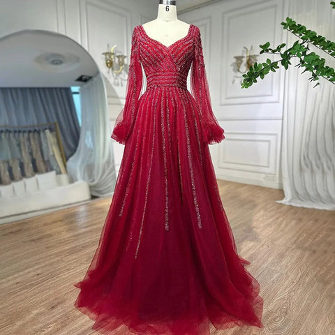 Vestidos de noche árabes de lujo con cuentas en azul marino musulmán, corte A, para mujer, para fiesta de boda, LA71867 