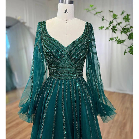 Vestidos de noche árabes de lujo con cuentas en azul marino musulmán, corte A, para mujer, para fiesta de boda, LA71867 