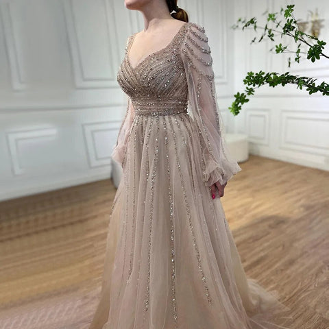 Vestidos de noche árabes de lujo con cuentas en azul marino musulmán, corte A, para mujer, para fiesta de boda, LA71867 