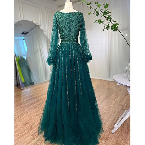 Vestidos de noche árabes de lujo con cuentas en azul marino musulmán, corte A, para mujer, para fiesta de boda, LA71867 