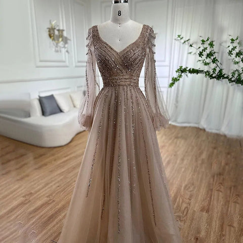 Vestidos de noche árabes de lujo con cuentas en azul marino musulmán, corte A, para mujer, para fiesta de boda, LA71867 