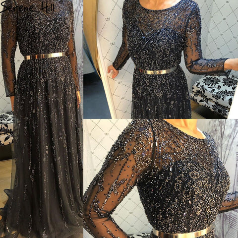 Robe de soirée de luxe bleu marine musulmane, coupe trapèze, perles et cristaux, pour femmes, LA71145, 2025 