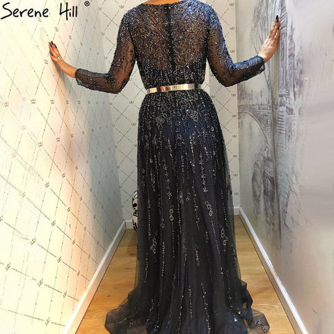 Robe de soirée de luxe bleu marine musulmane, coupe trapèze, perles et cristaux, pour femmes, LA71145, 2025 