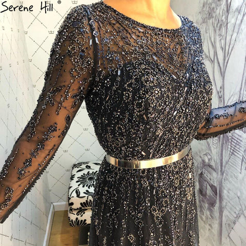 Robe de soirée de luxe bleu marine musulmane, coupe trapèze, perles et cristaux, pour femmes, LA71145, 2025 