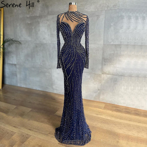 Vestidos de noche musulmanes azul marino de lujo, vestidos de sirena con cuentas, elegantes para mujer, fiesta LA71359 