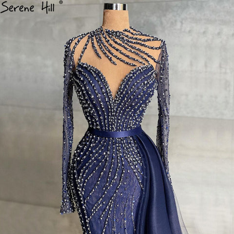 Vestidos de noche musulmanes azul marino de lujo, vestidos de sirena con cuentas, elegantes para mujer, fiesta LA71359 