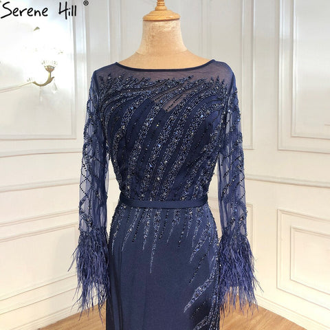 Muslim Navy Blue Meramaid Evening Dresses Gowns 2025 Luxury Elegant Beaded Feather For Women Party LA70978A