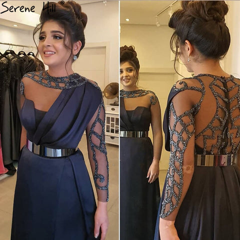 Muslim Navy Blue Satin A-Line Evening Dresses 2025 Beaded Sashes Party Gowns For Woman LA71138