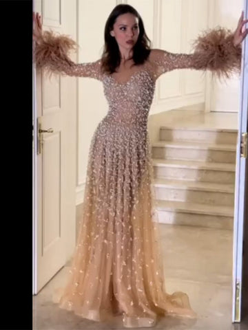 Vestidos de noche musulmanes color nude, elegantes, con plumas y cuentas, de lujo, estilo Dubái, para mujer, para boda, fiesta, 2025, LA72074