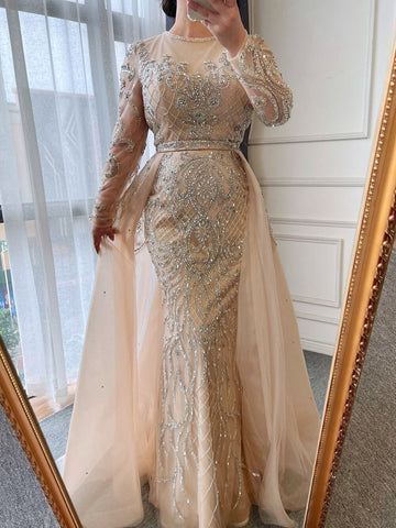 Muslim Nude Balloon Sleeves Beaded Mermaid Evening Dresses Gowns 2025  Luxury With Overskirt For Woman Party LA71352