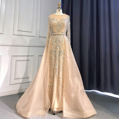 Muslim Nude Balloon Sleeves Beaded Mermaid Evening Dresses Gowns 2025  Luxury With Overskirt For Woman Party LA71352